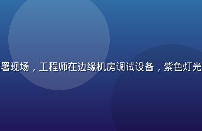三区边缘节点部署现场，工程师在边缘机房调试设备，紫色灯光环境，技术感强